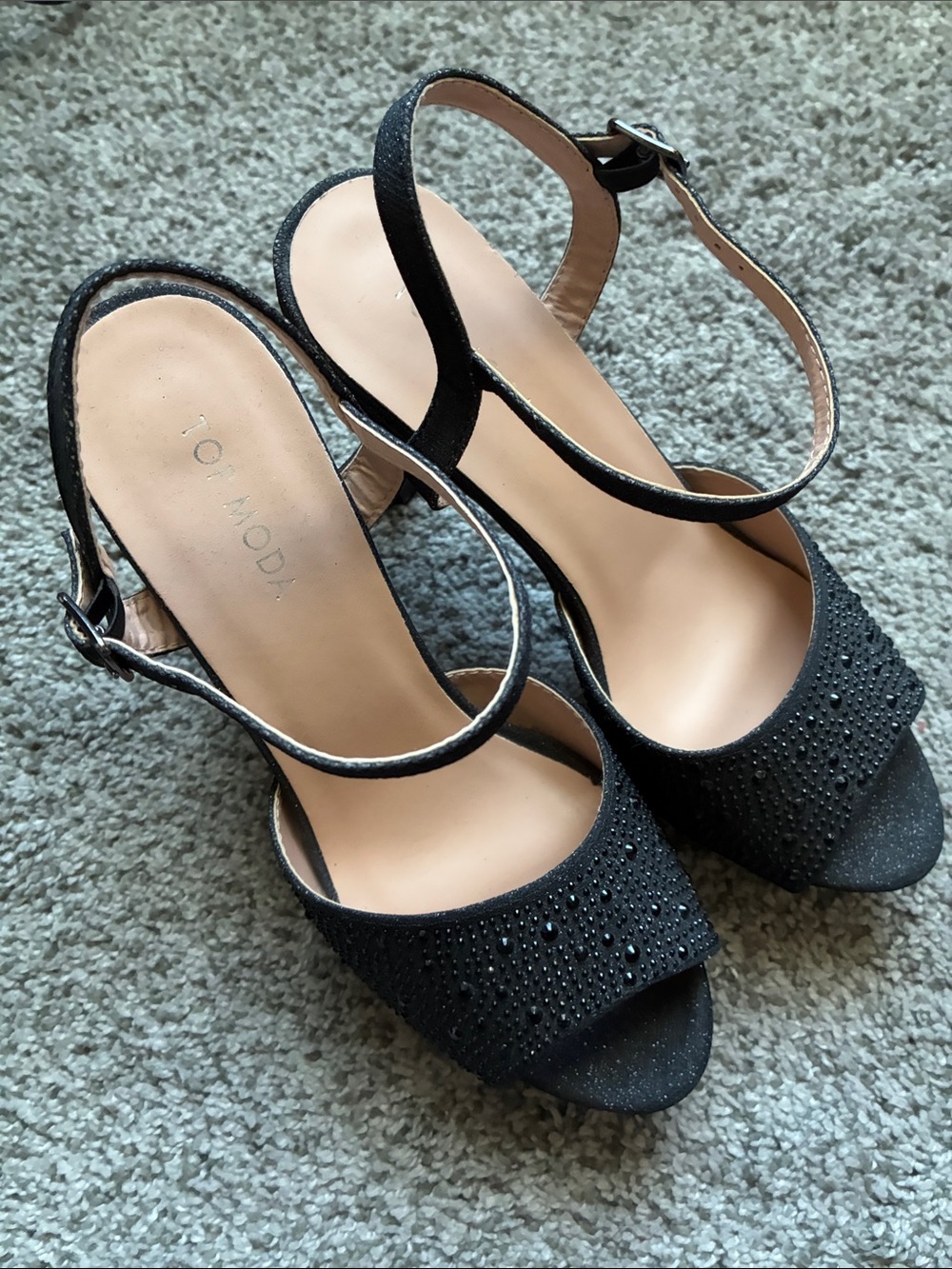 TOP Moda Black Crystal Open-Toe Slingback Heels